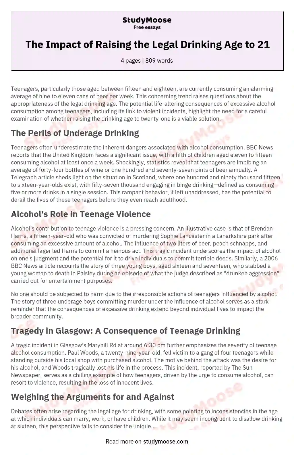 sample essay on legal drinking age in the u.s