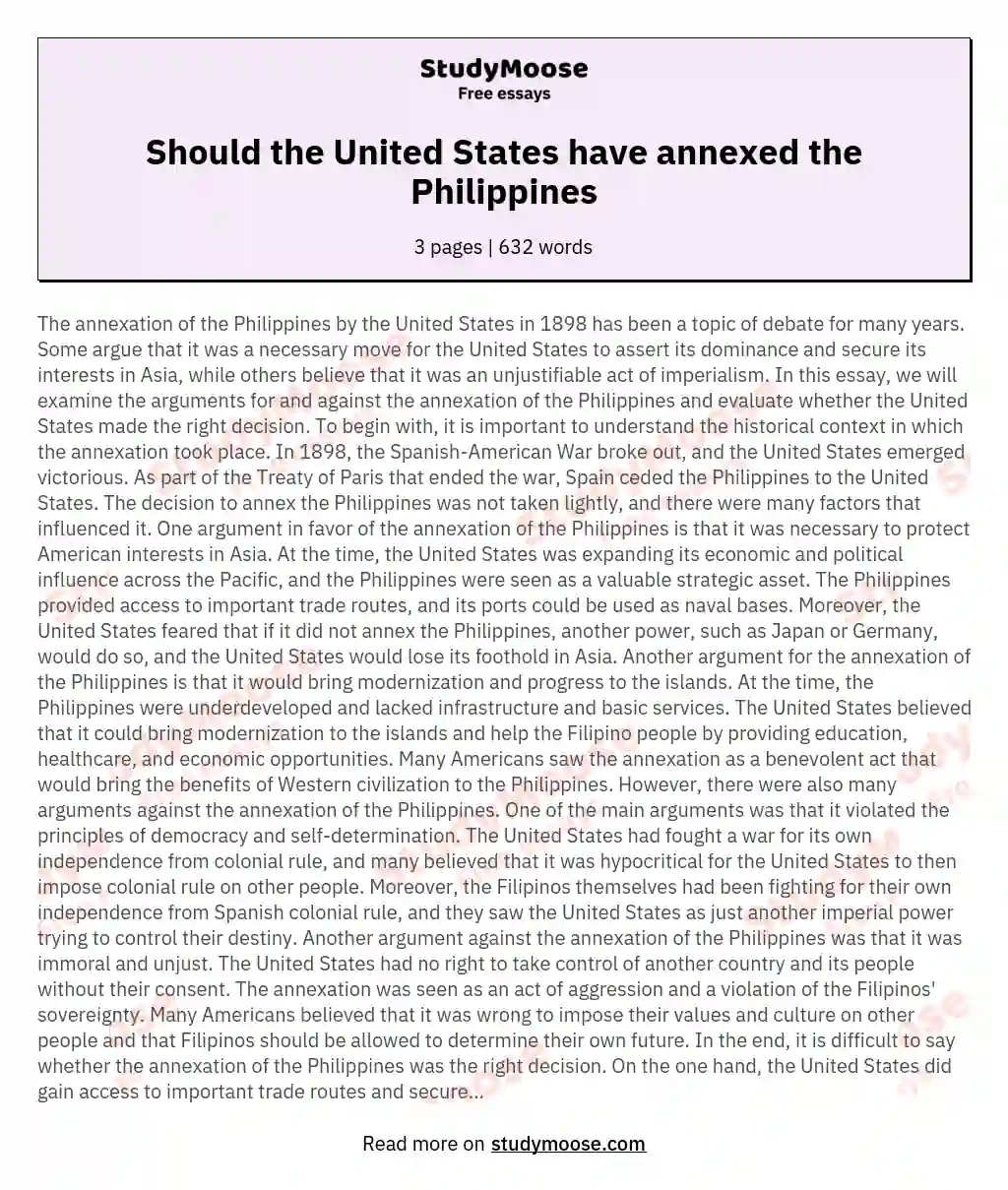 Should the United States have annexed the Philippines essay
