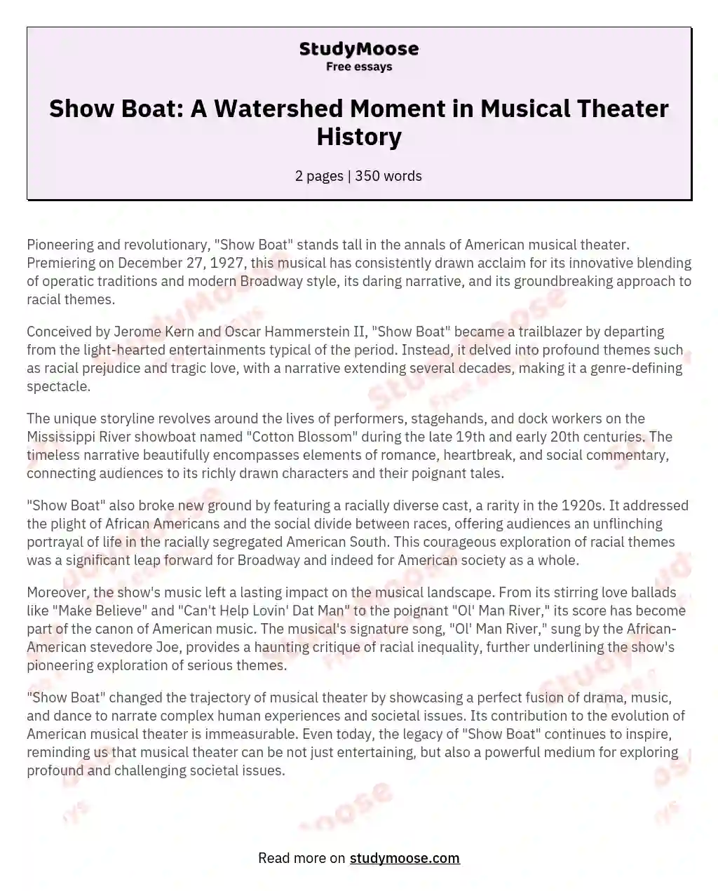 Show Boat: A Watershed Moment in Musical Theater History essay
