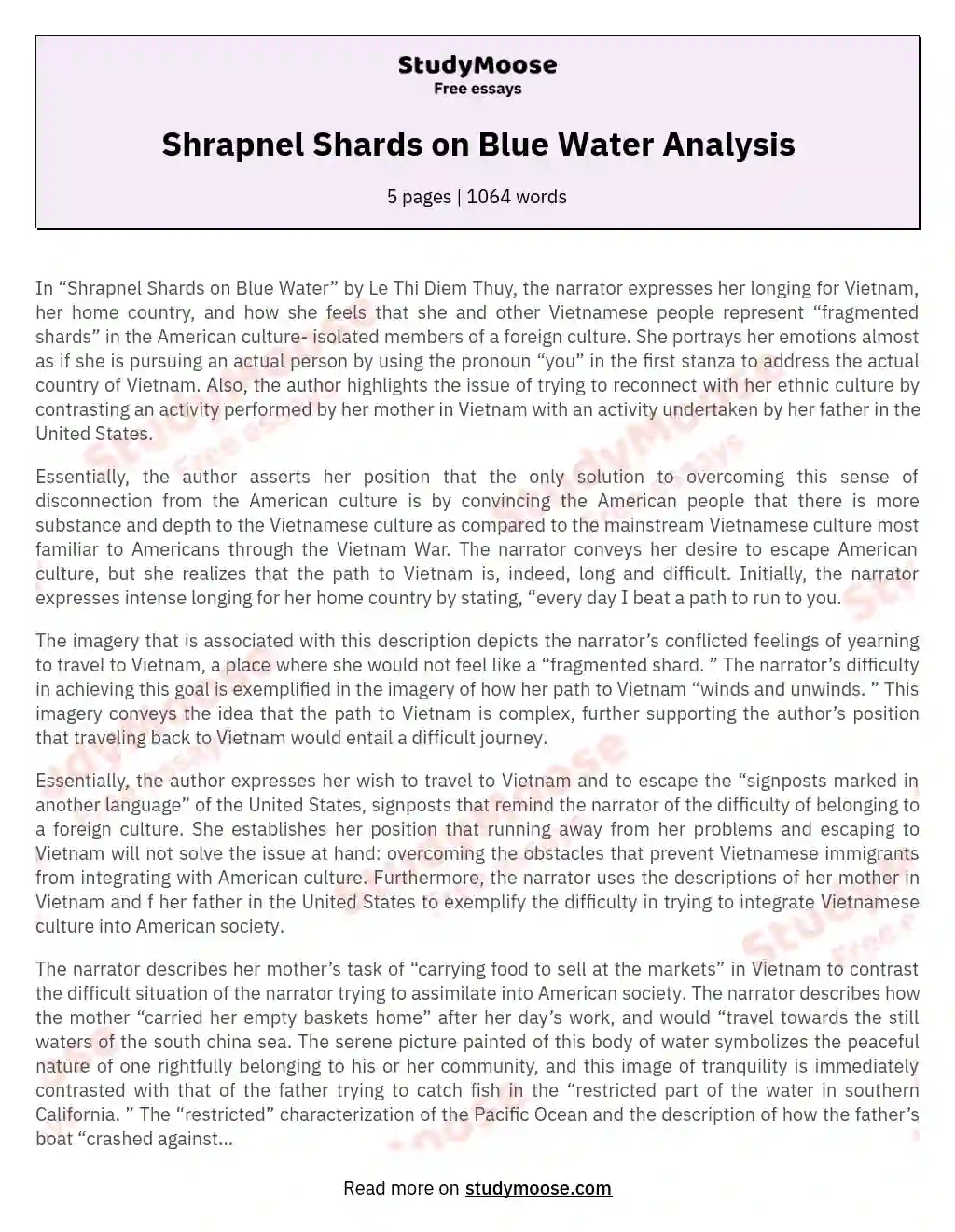 Shrapnel Shards on Blue Water Analysis essay
