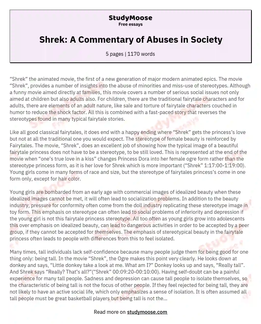 Shrek: A Commentary of Abuses in Society essay
