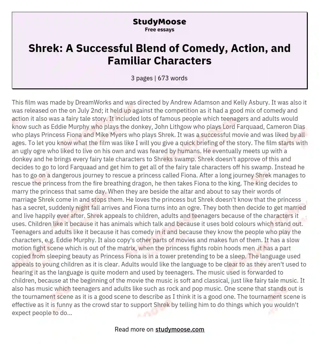 Shrek: A Successful Blend of Comedy, Action, and Familiar Characters essay