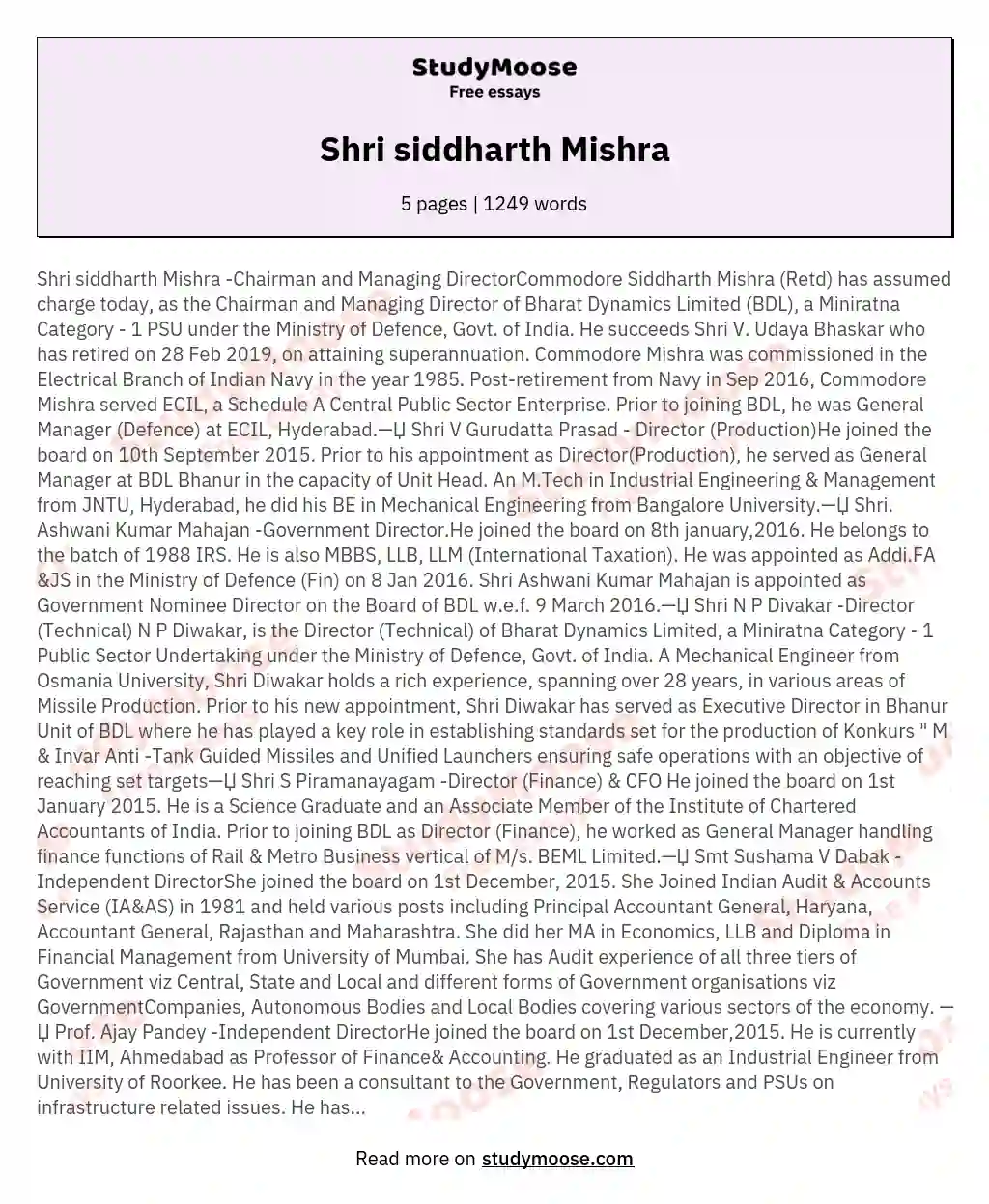 Shri siddharth Mishra essay