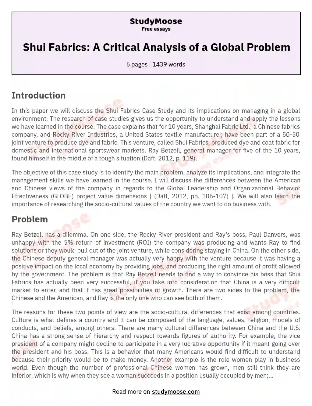 Shui Fabrics: A Critical Analysis of a Global Problem essay