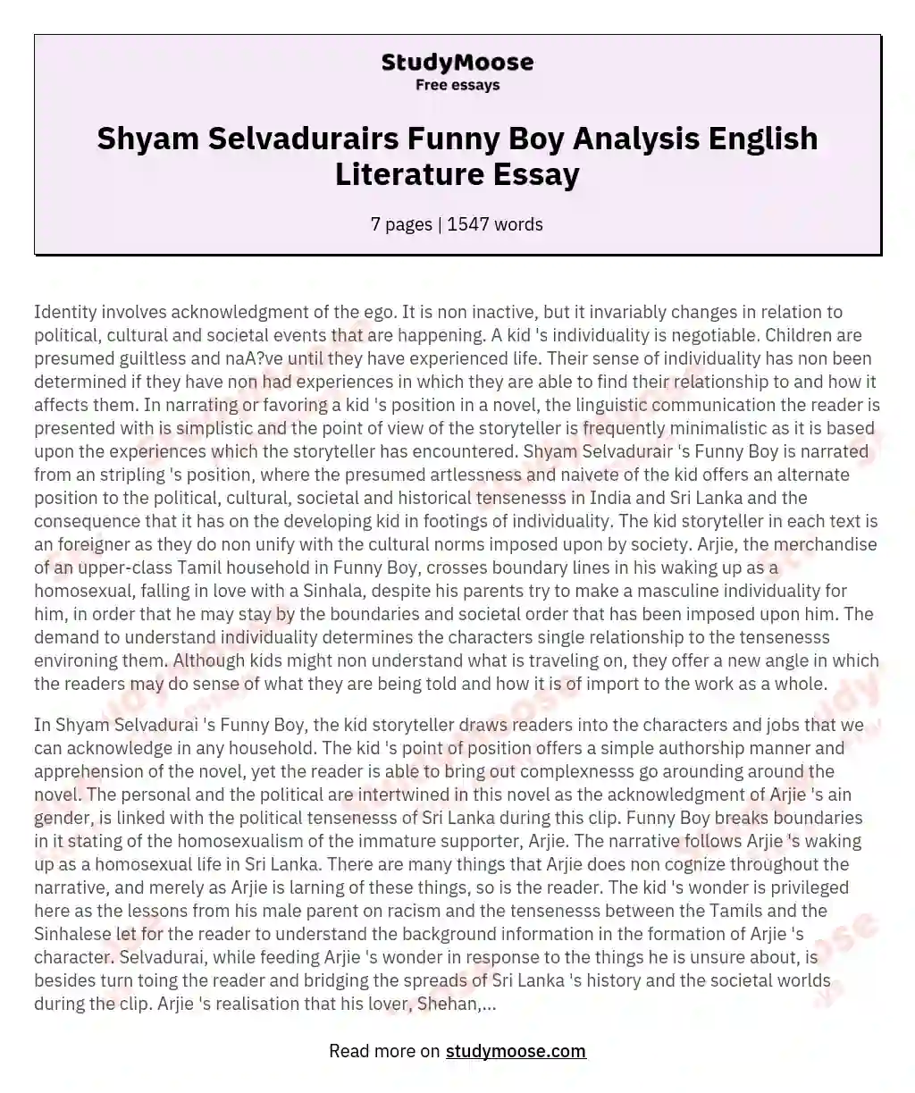 Shyam Selvadurairs Funny Boy Analysis English Literature Essay essay