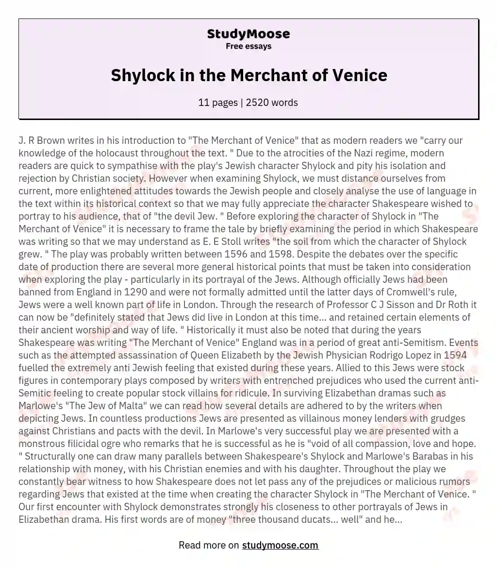 Shylock in the Merchant of Venice essay