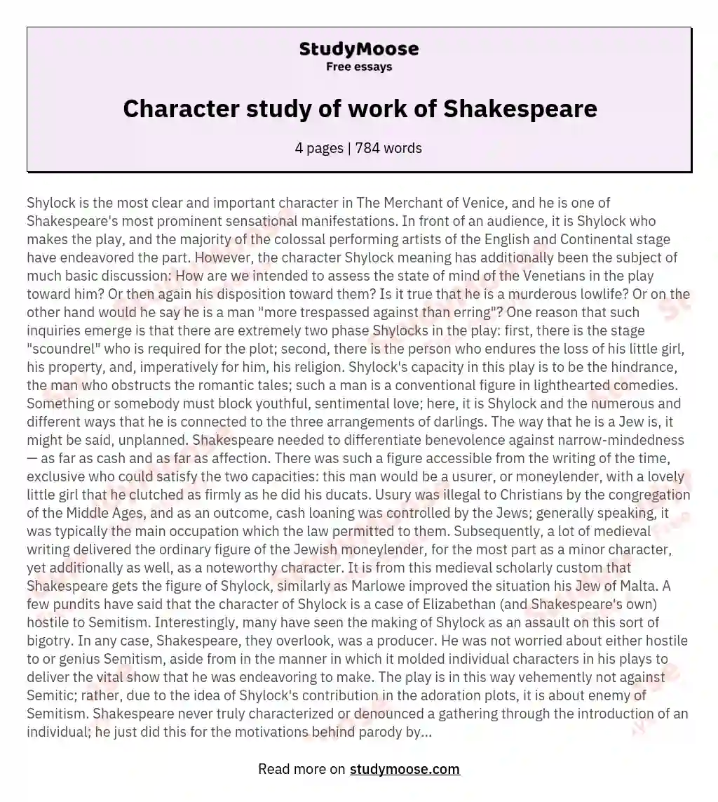 Character study of work of Shakespeare essay