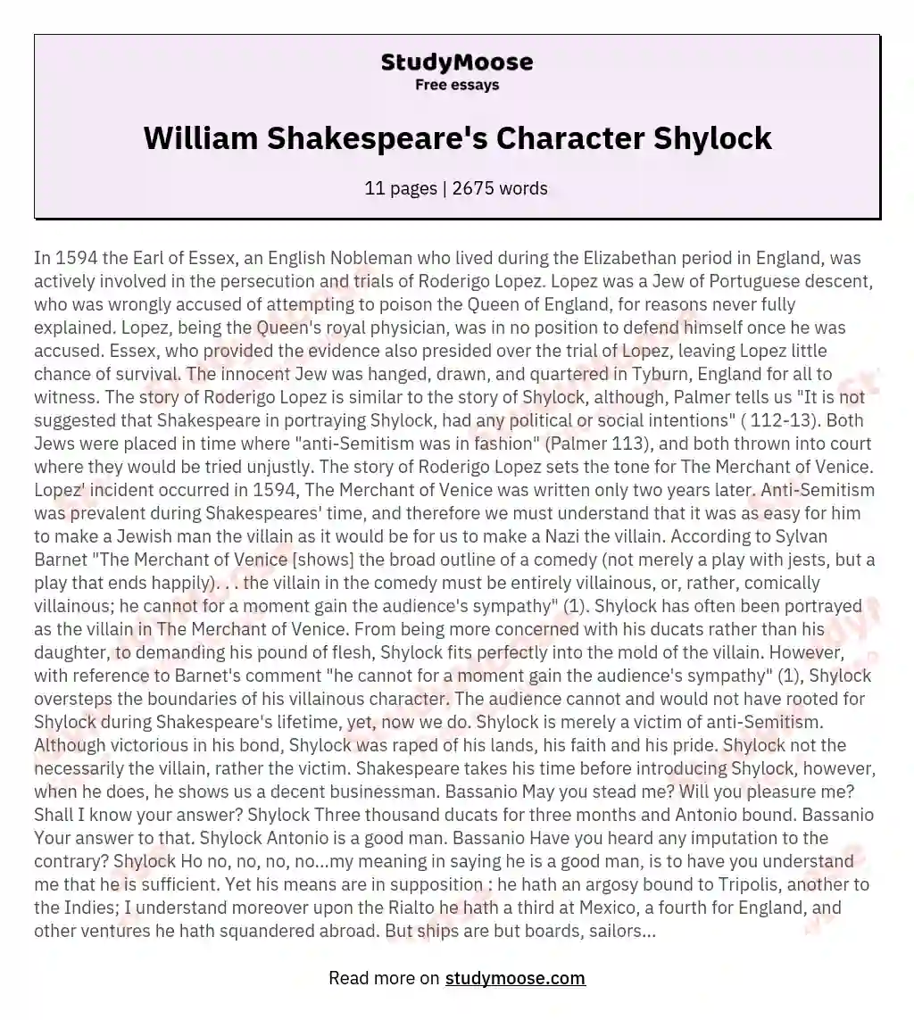 William Shakespeare's Character Shylock essay