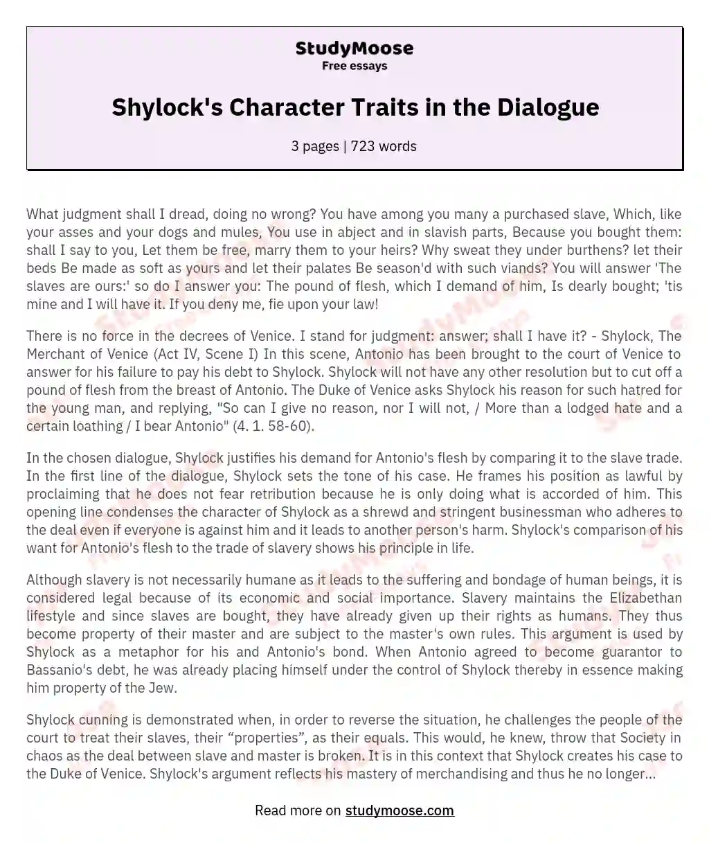 Shylock's Character Traits in the Dialogue
