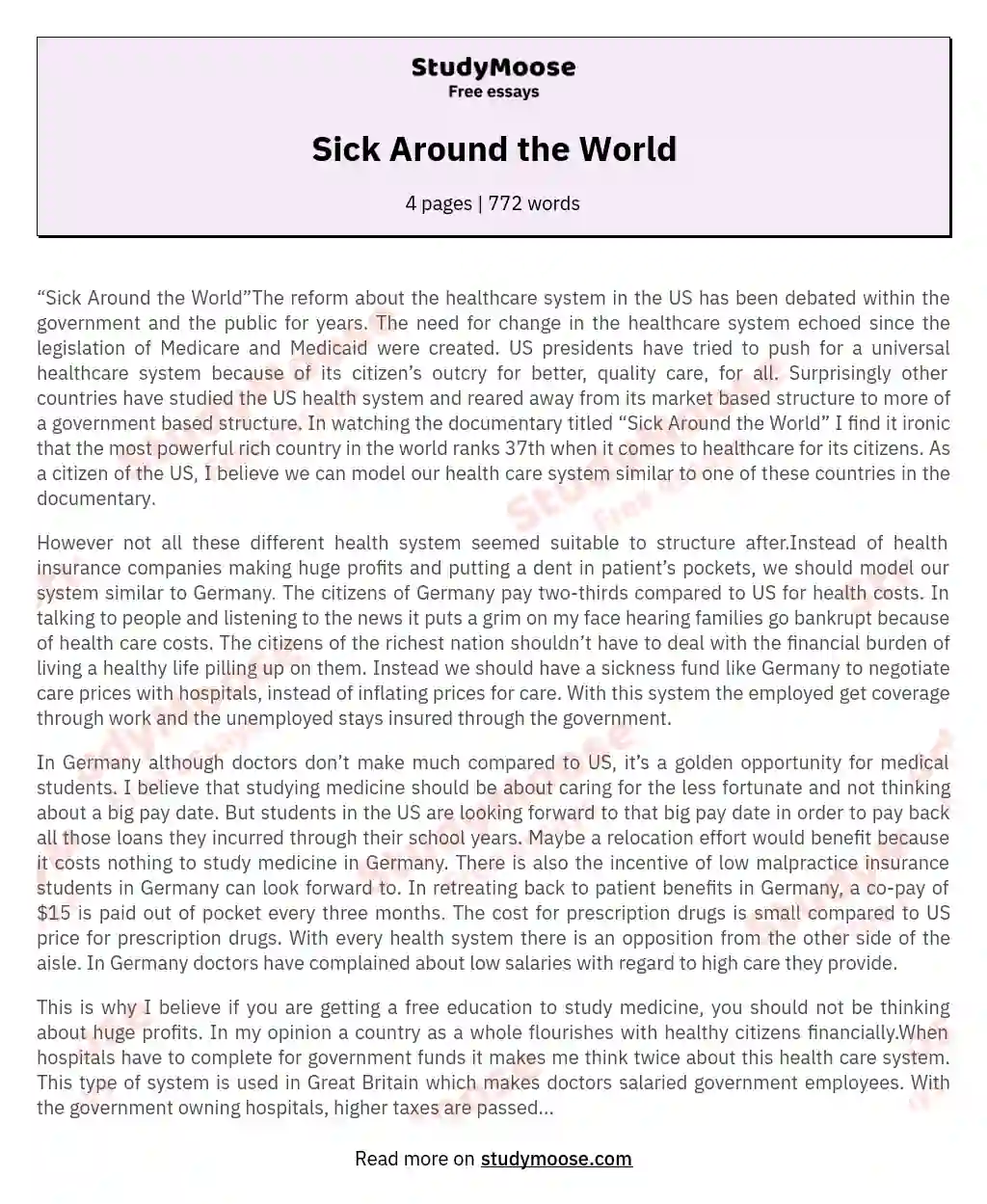 Exploring Healthcare Reform: Lessons from "Sick Around the World" essay