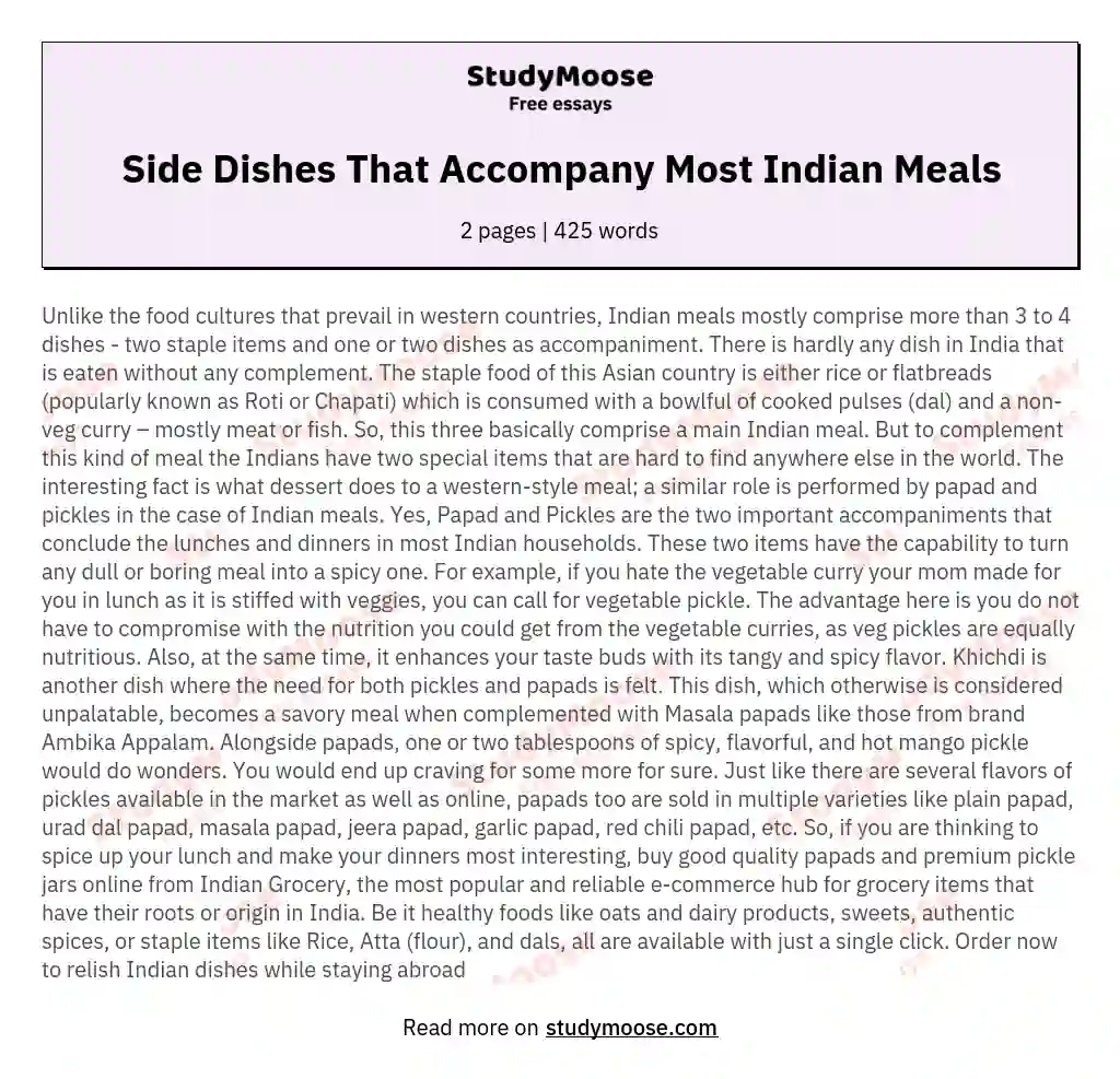 Side Dishes That Accompany Most Indian Meals essay