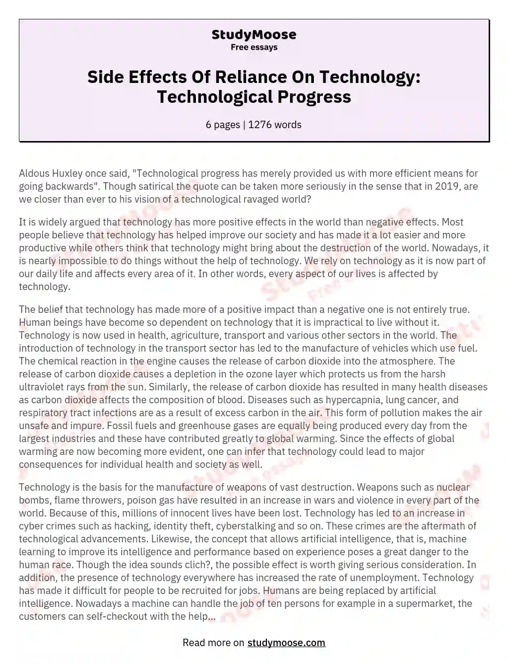 Side Effects Of Reliance On Technology: Technological Progress essay