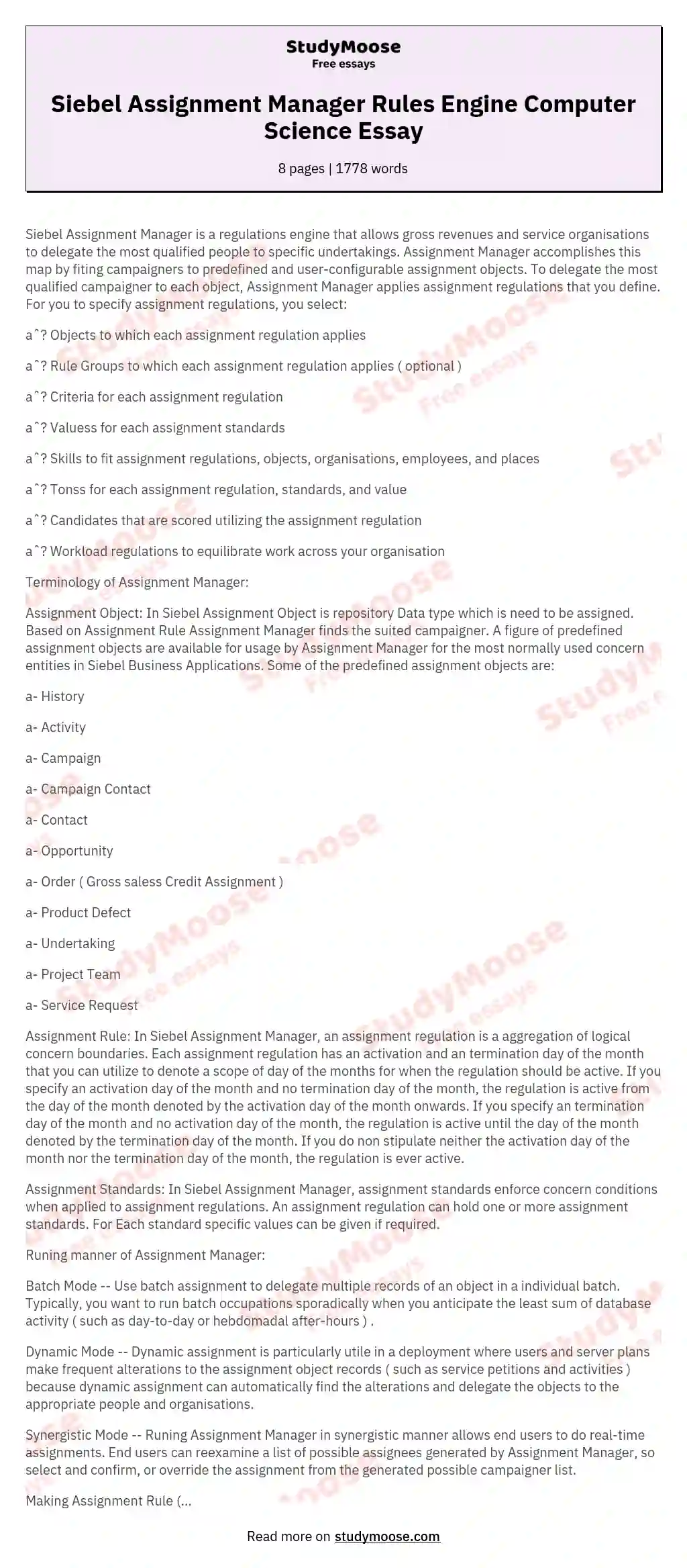 Siebel Assignment Manager Rules Engine Computer Science Essay essay