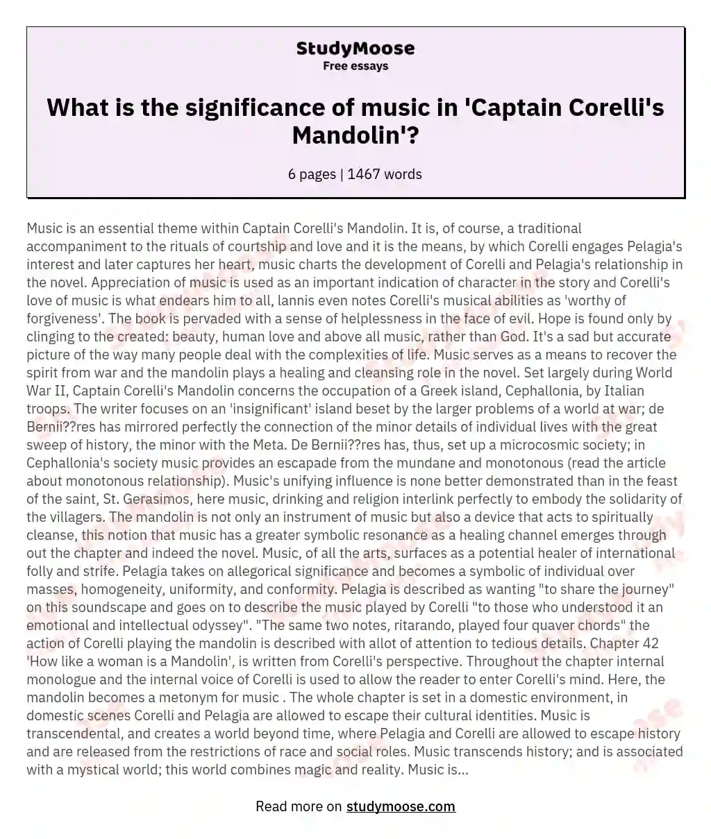 What is the significance of music in 'Captain Corelli's Mandolin'? essay