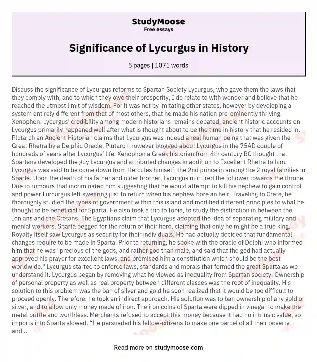 Significance of Lycurgus in History essay