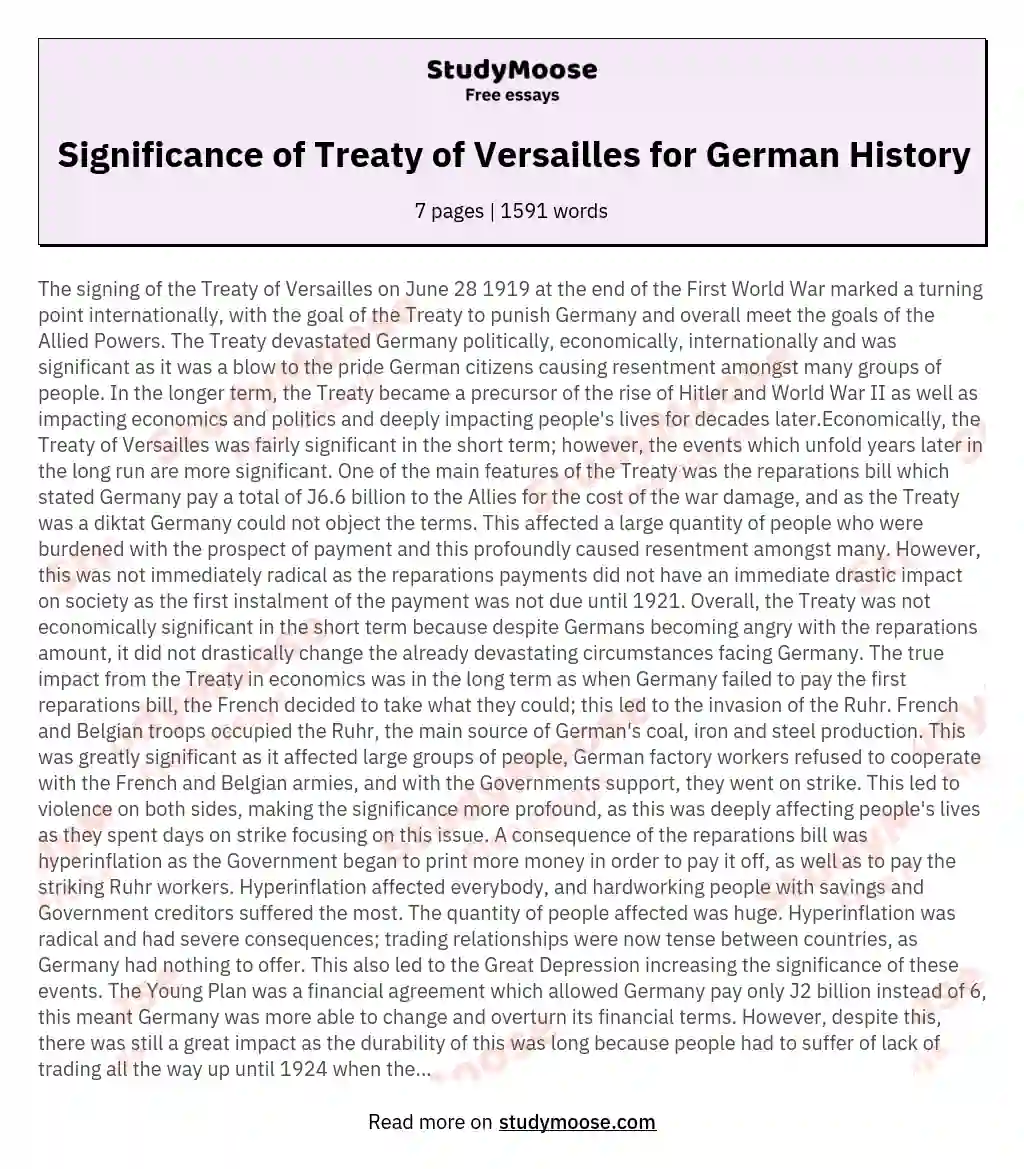 Significance of Treaty of Versailles for German History essay