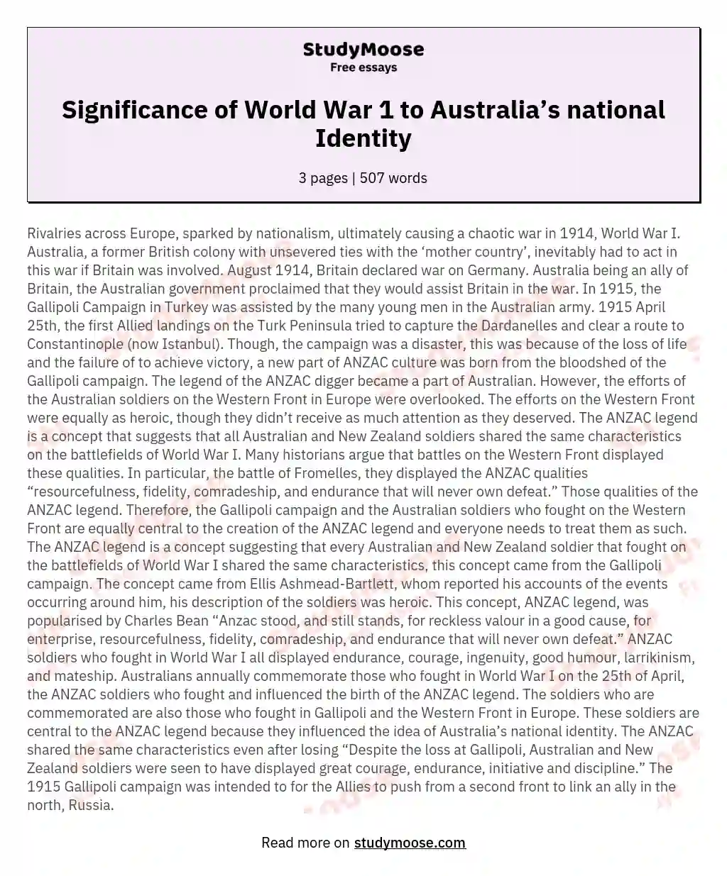 Significance of World War 1 to Australia’s national Identity essay