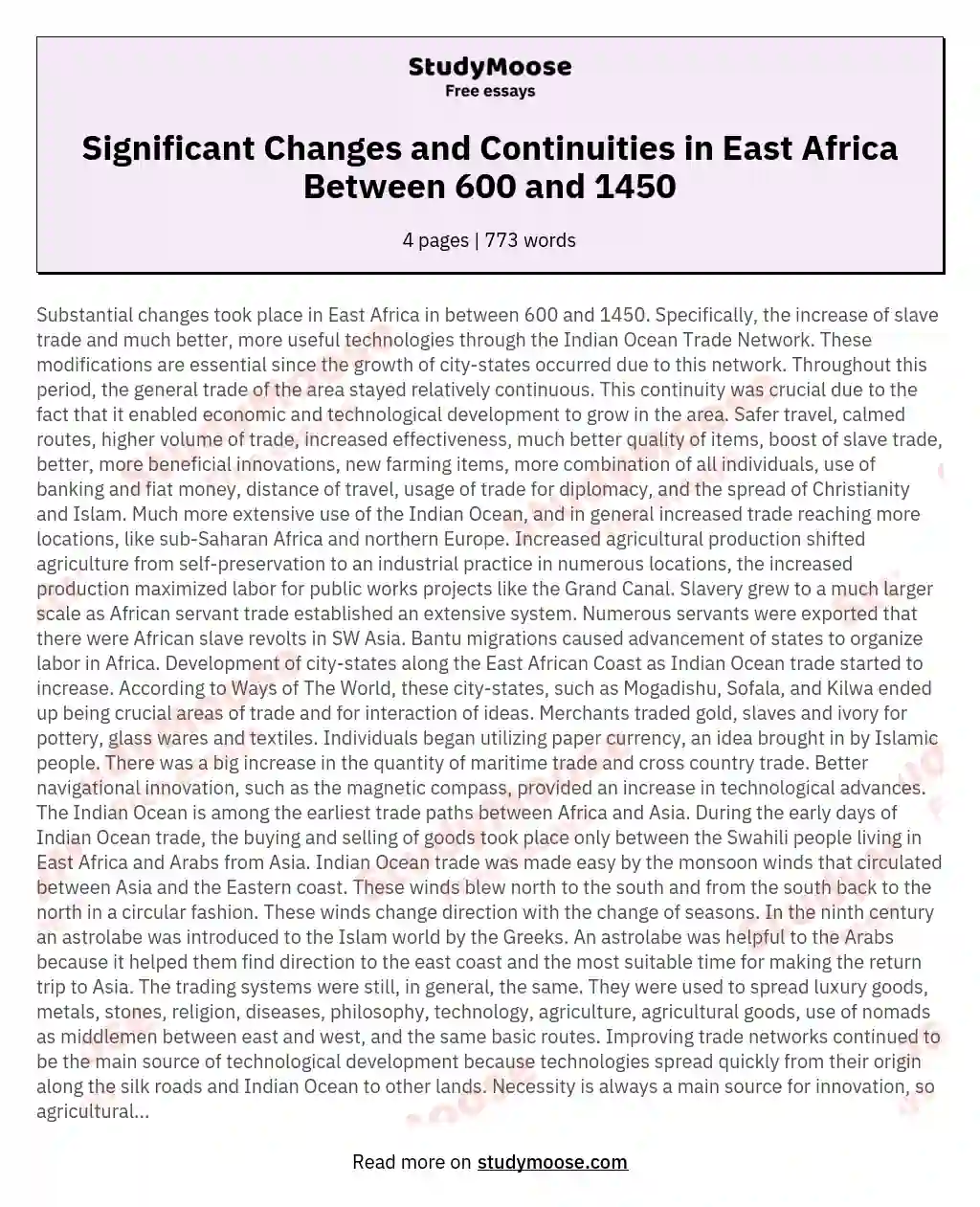 Significant Changes and Continuities in East Africa Between 600 and 1450