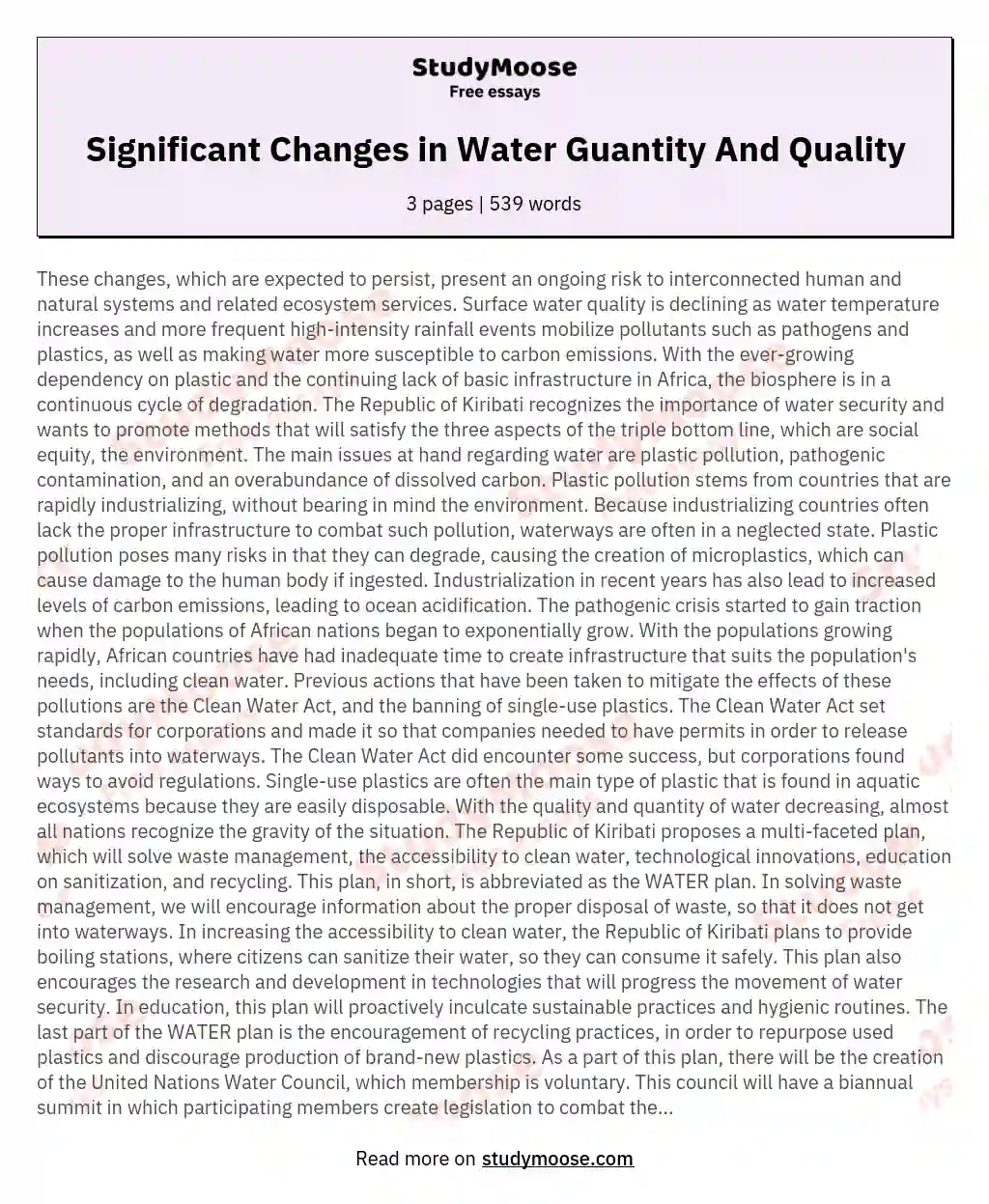 Significant Changes in Water Guantity And Quality essay