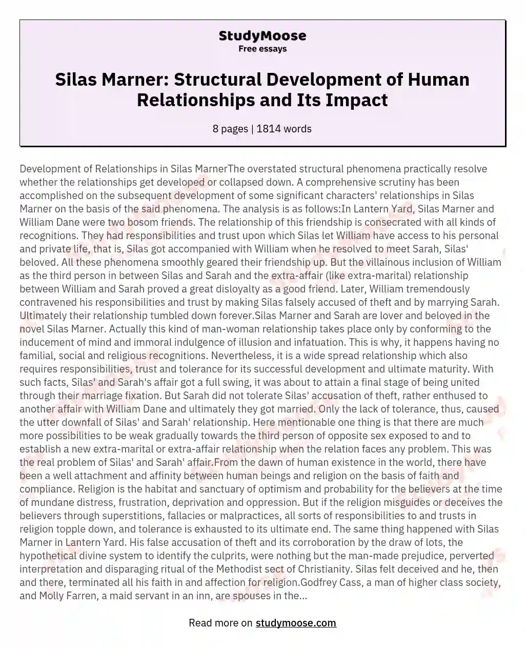 Silas Marner: A Paradigm of Structural Development of Human Relationship and Its Impact on Human Existence