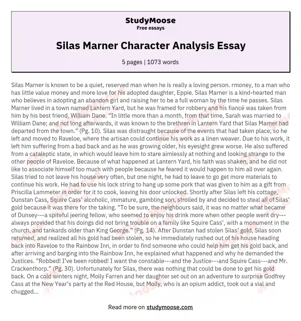 Silas Marner Character Analysis Essay essay