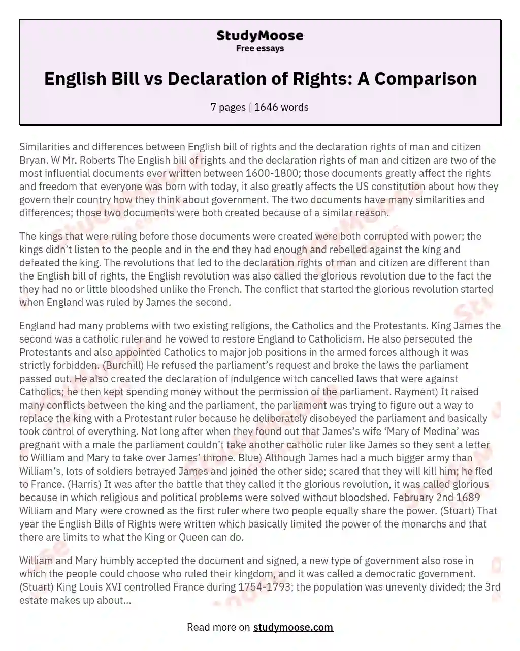 Similarities and Differences Between English Bill of Rights and the Declaration Rights of Man and Citizen