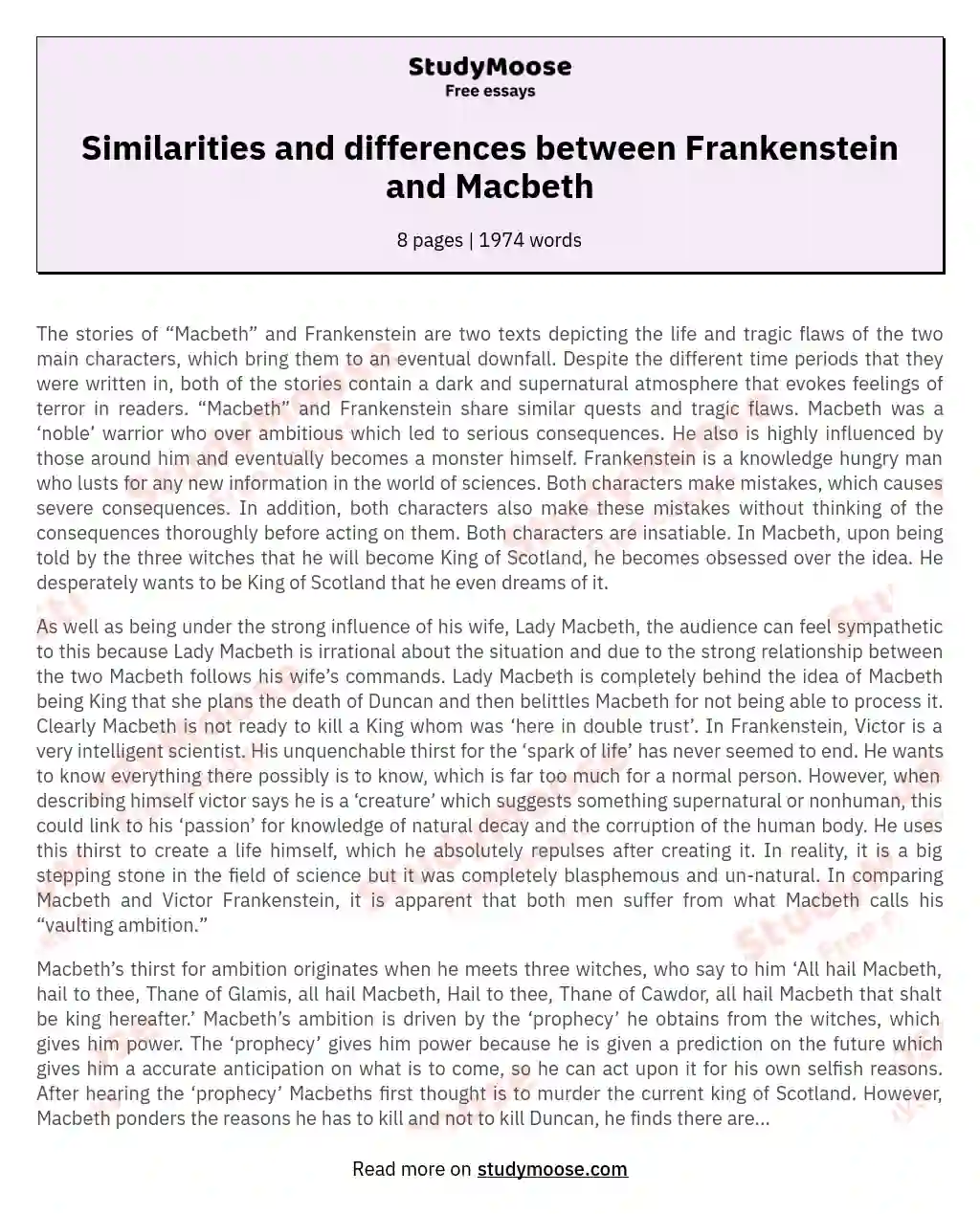 Similarities and differences between Frankenstein and Macbeth essay