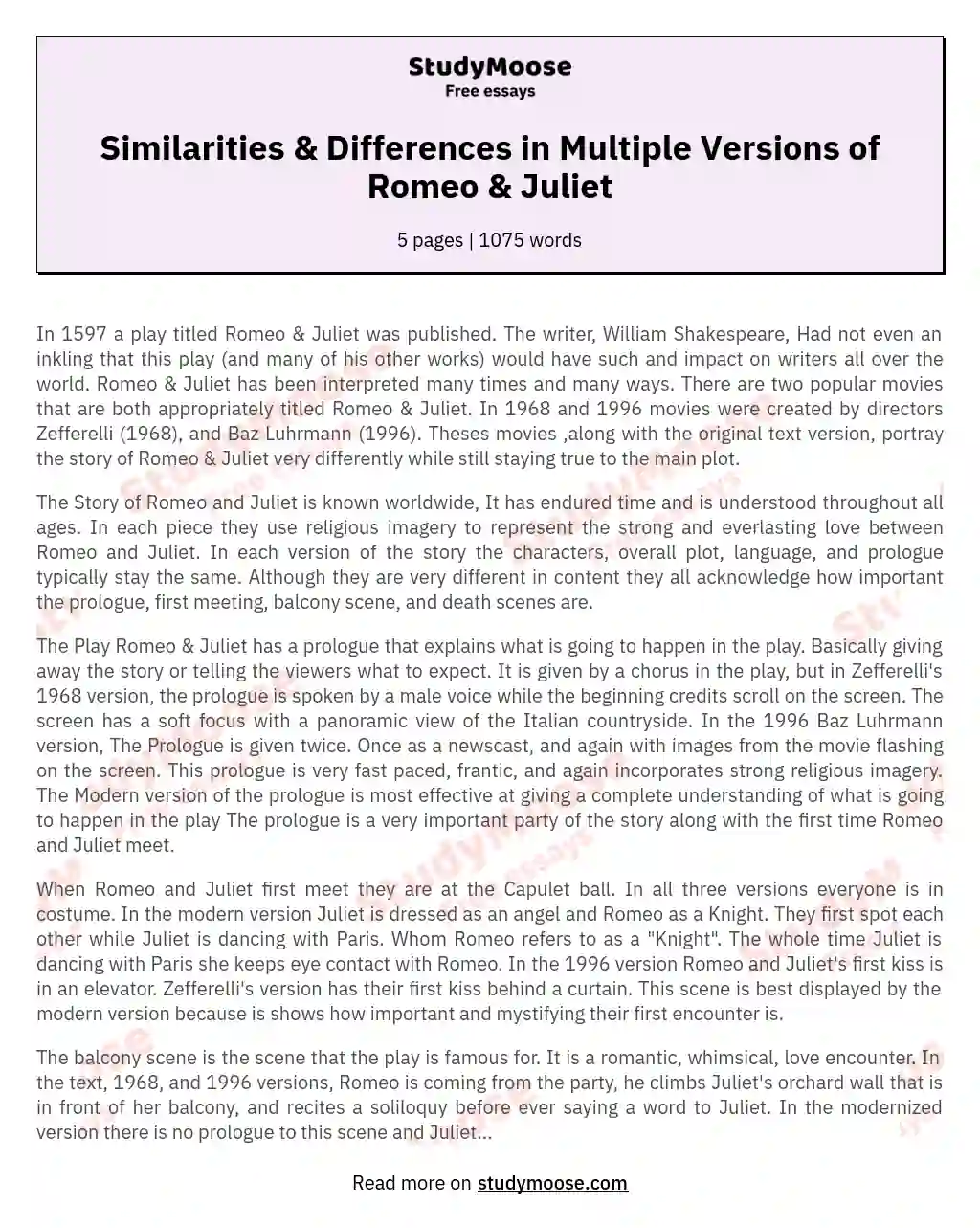 Similarities & Differences in Multiple Versions of Romeo & Juliet essay