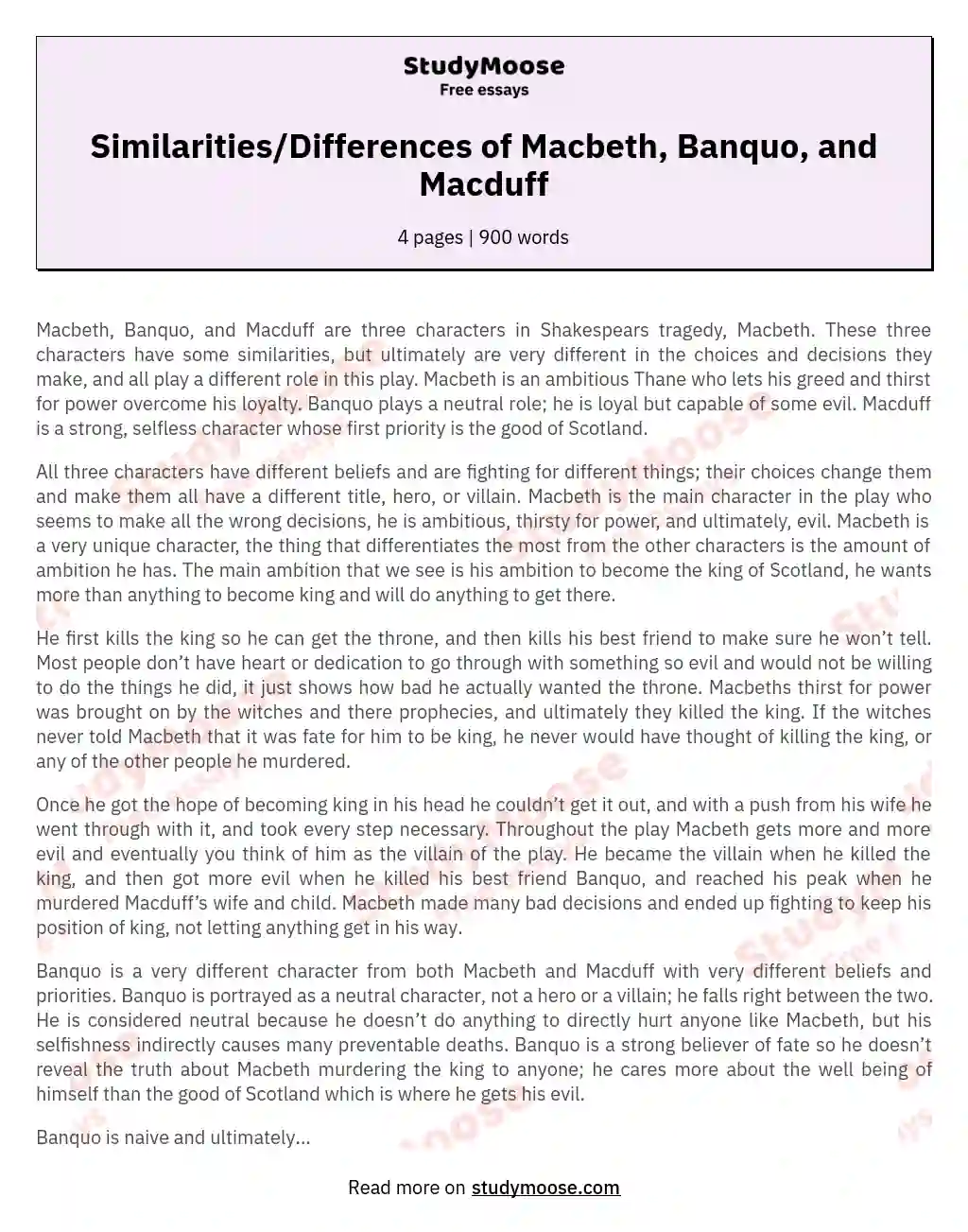 Similarities/Differences of Macbeth, Banquo, and Macduff essay
