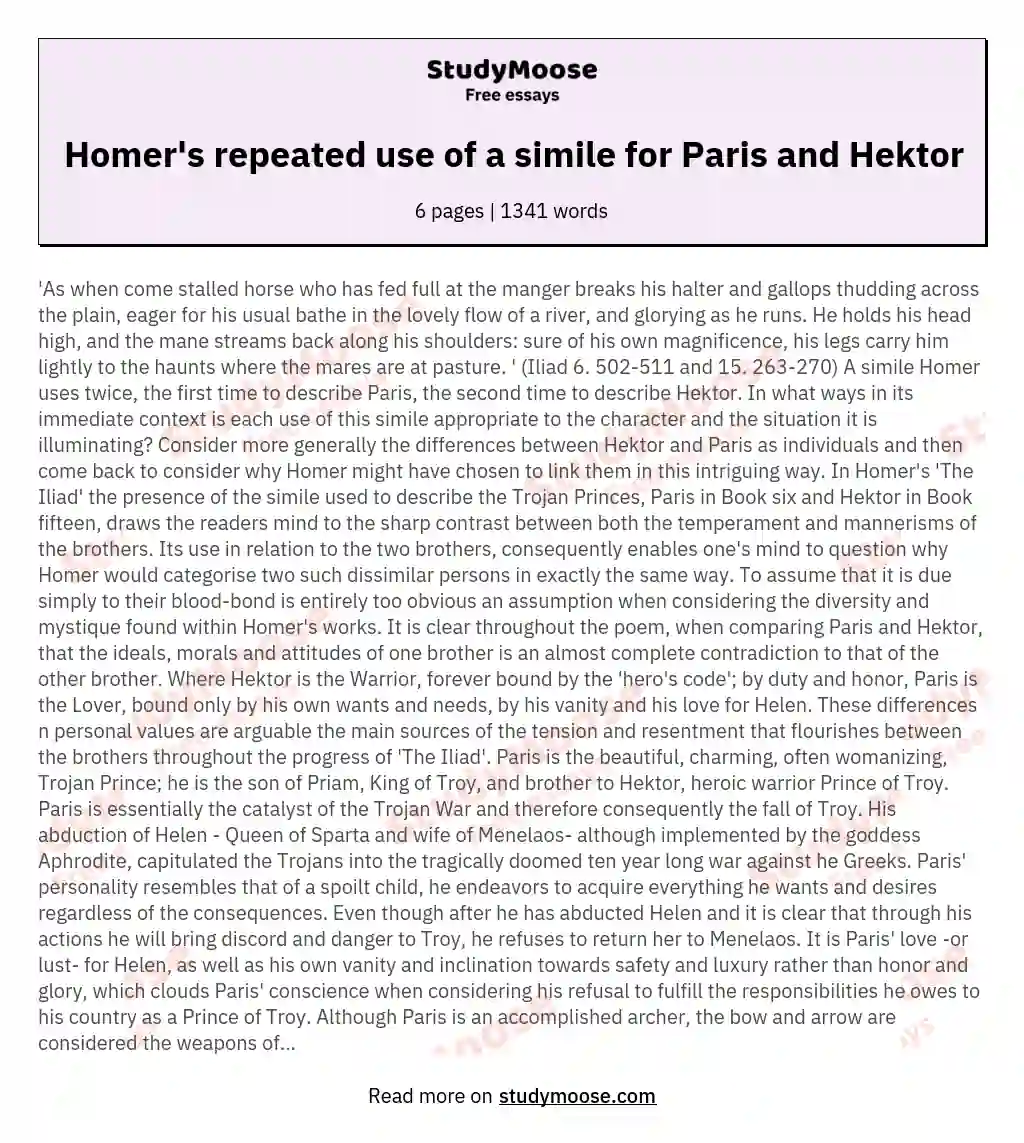 Homer's repeated use of a simile for Paris and Hektor
