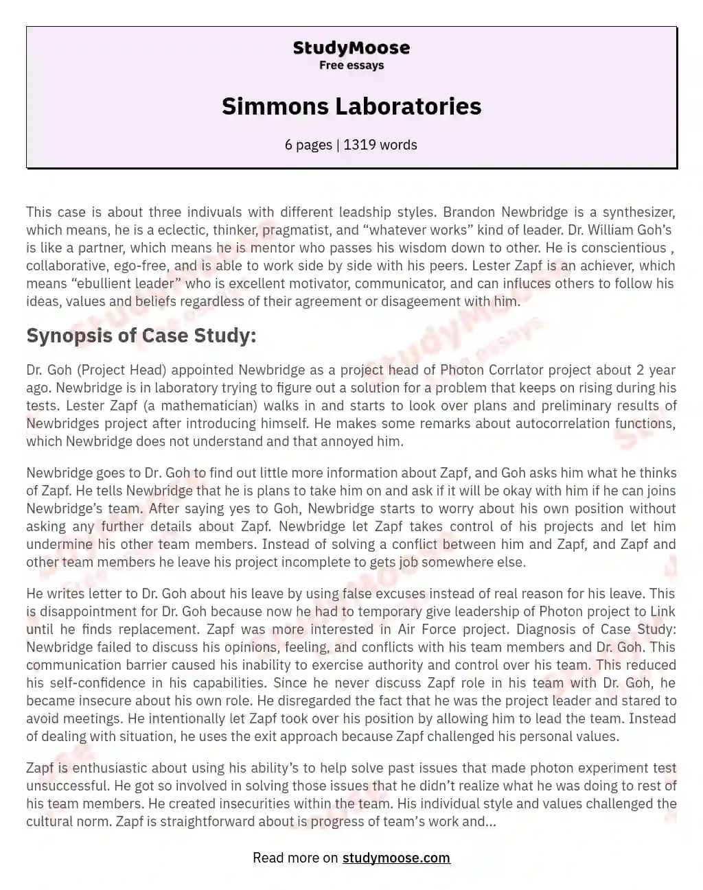 Simmons Laboratories essay
