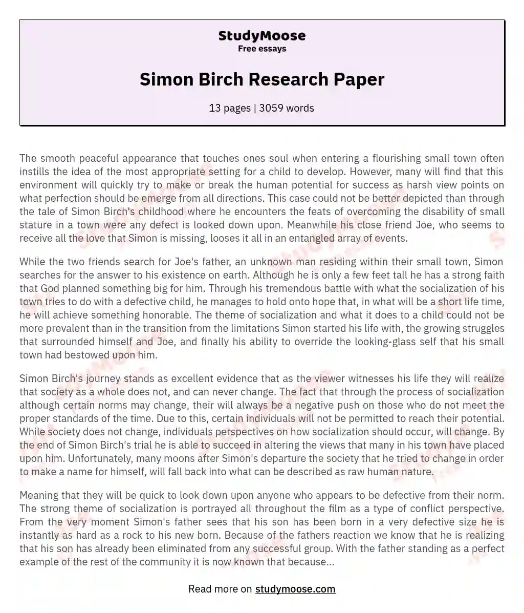 Simon Birch Research Paper