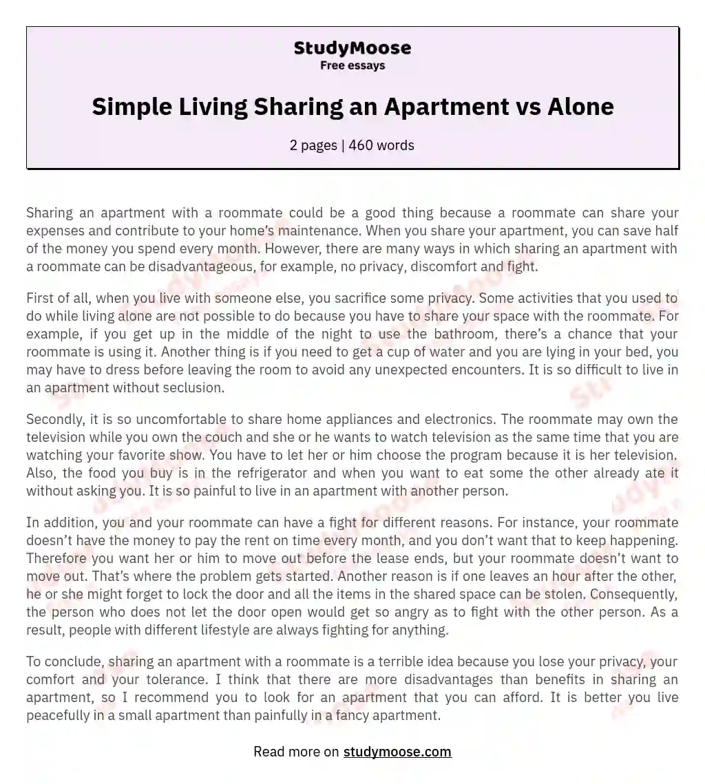 Simple Living Sharing an Apartment vs Alone essay