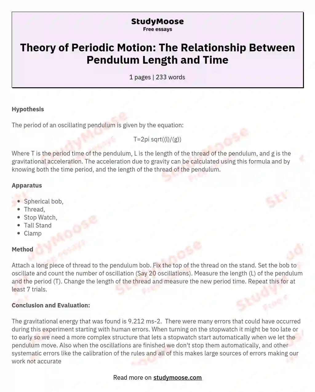 Theory of Periodic Motion: The Relationship Between Pendulum Length and Time