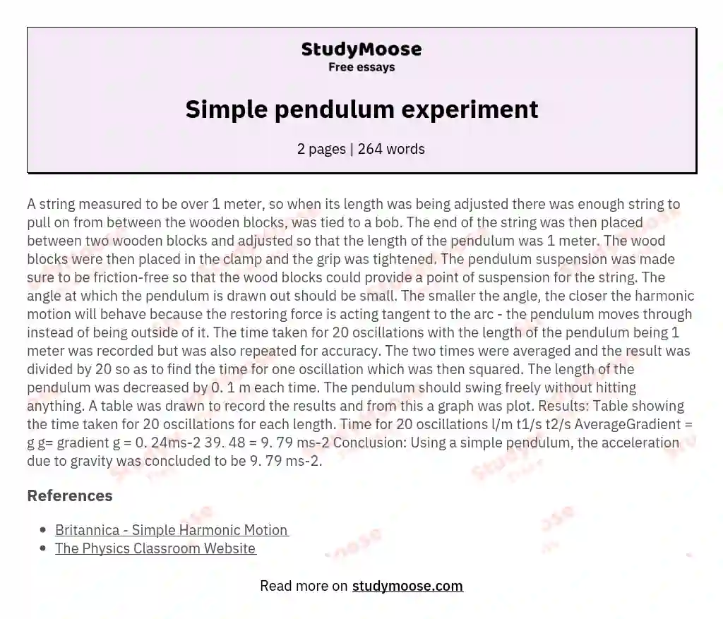 Simple pendulum experiment essay