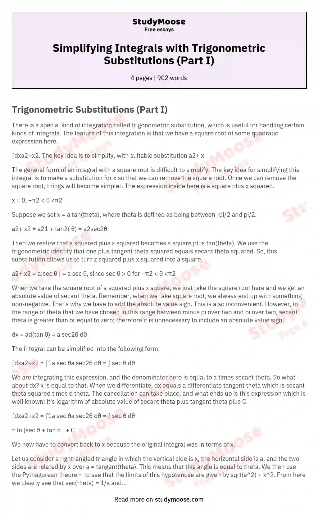 Simplifying Integrals with Trigonometric Substitutions (Part I) essay