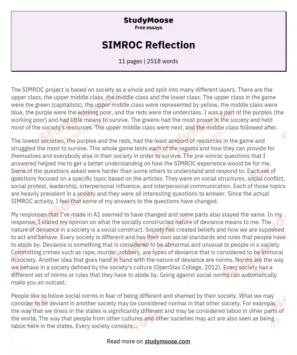 SIMROC Reflection essay