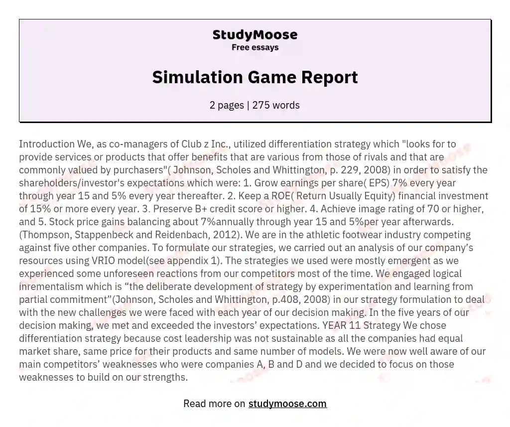 Simulation Game Report essay