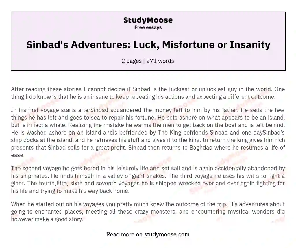 Sinbad's Adventures: Luck, Misfortune or Insanity essay