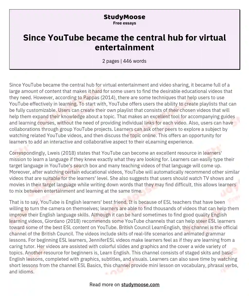 Since YouTube became the central hub for virtual entertainment essay