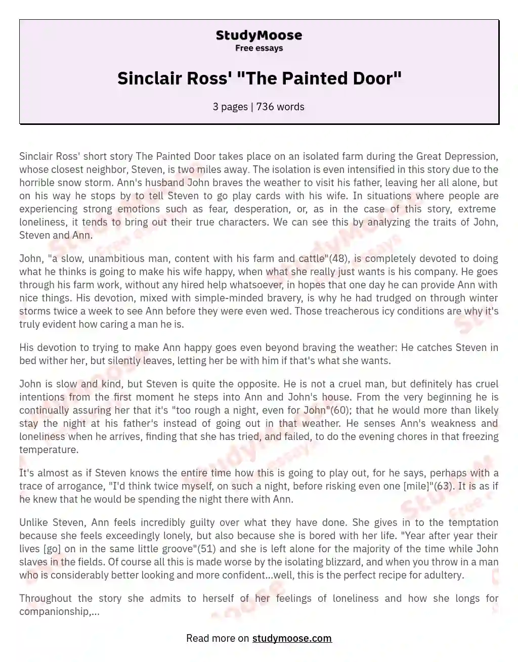 Sinclair Ross' "The Painted Door" essay