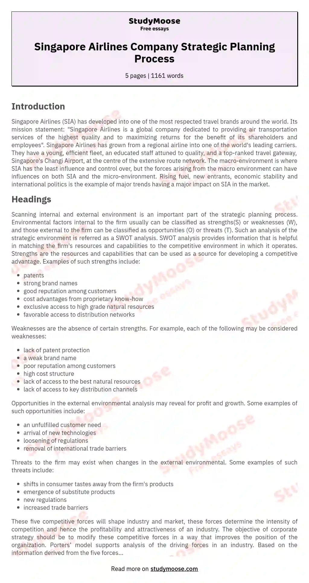 Singapore Airlines Company Strategic Planning Process essay
