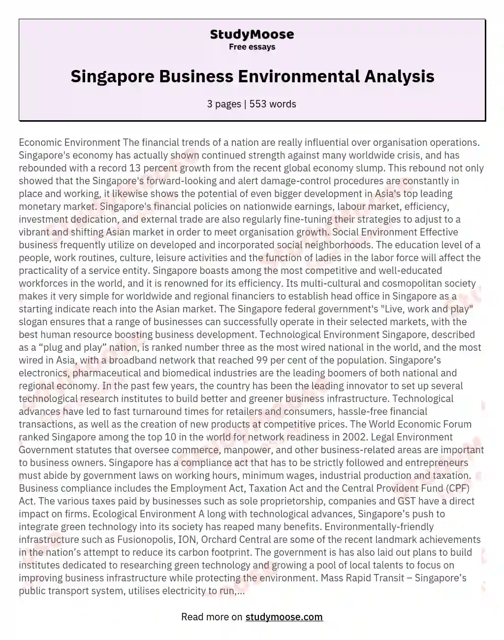 Singapore Business Environmental Analysis essay