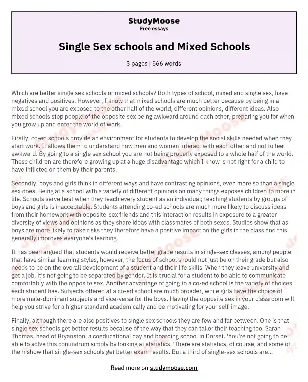 Single Sex schools and Mixed Schools