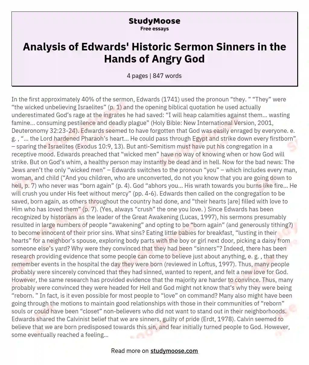 Analysis of Edwards' Historic Sermon Sinners in the Hands of Angry God essay
