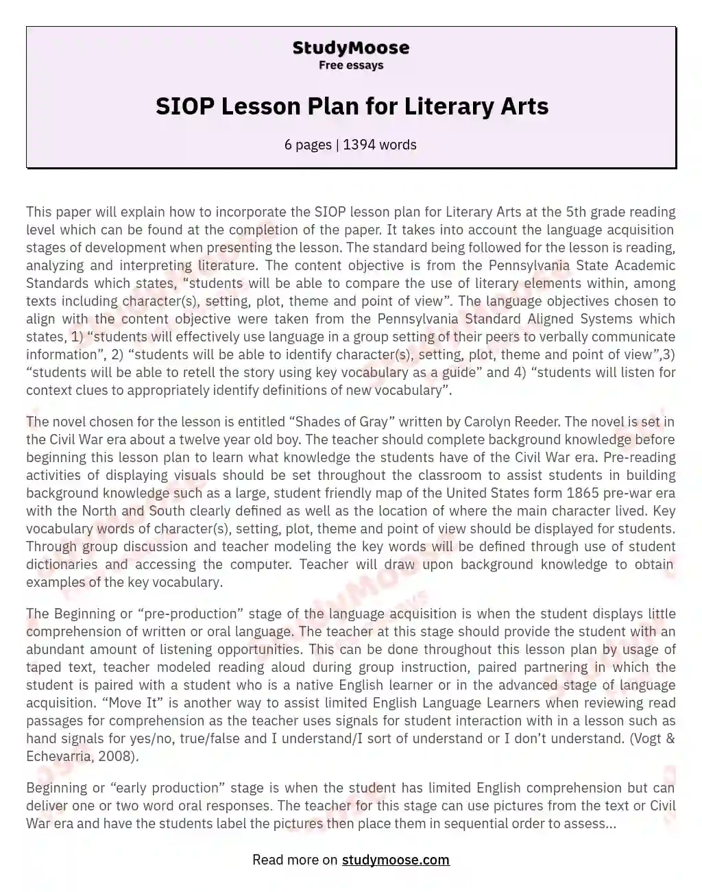 Implementing SIOP Lesson Plan for Literary Arts at 5th Grade essay