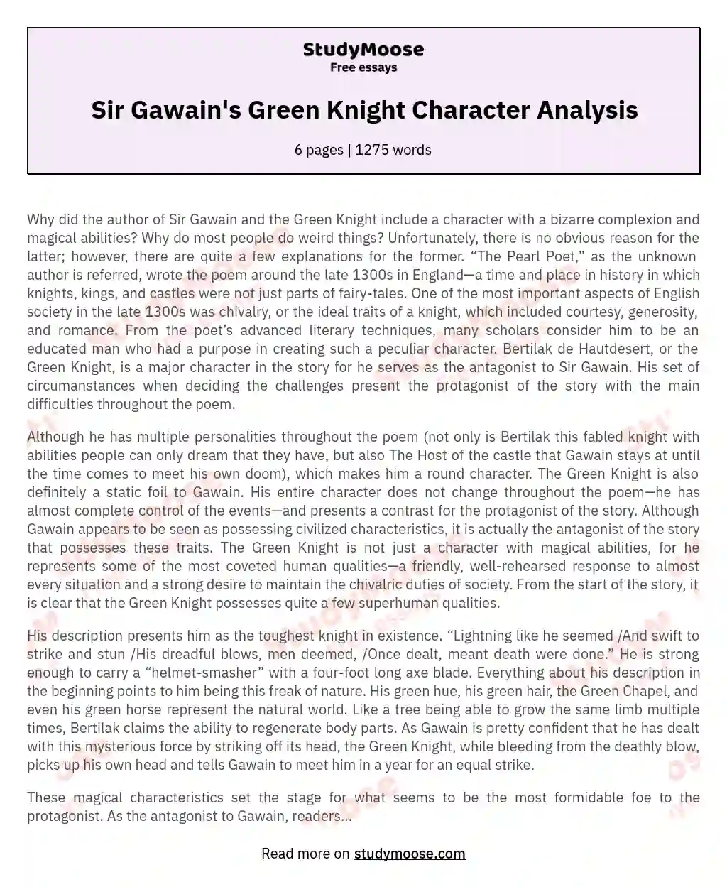 Sir Gawain's Green Knight Character Analysis essay