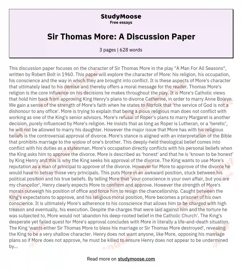 Sir Thomas More: A Discussion Paper