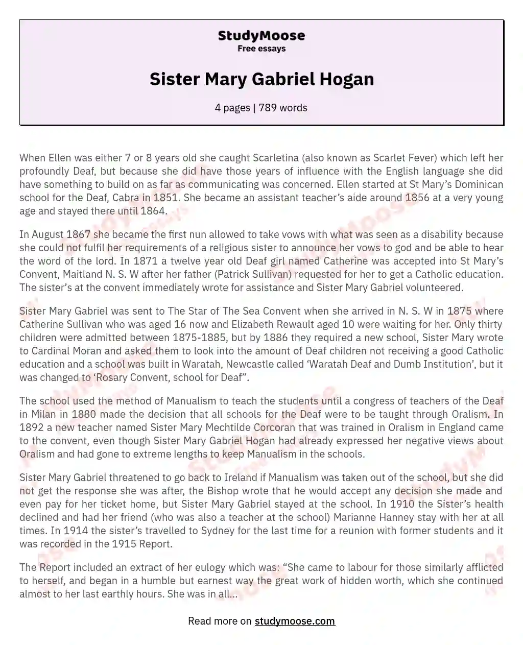 Sister Mary Gabriel: Champion and Pioneer of Deaf Education essay