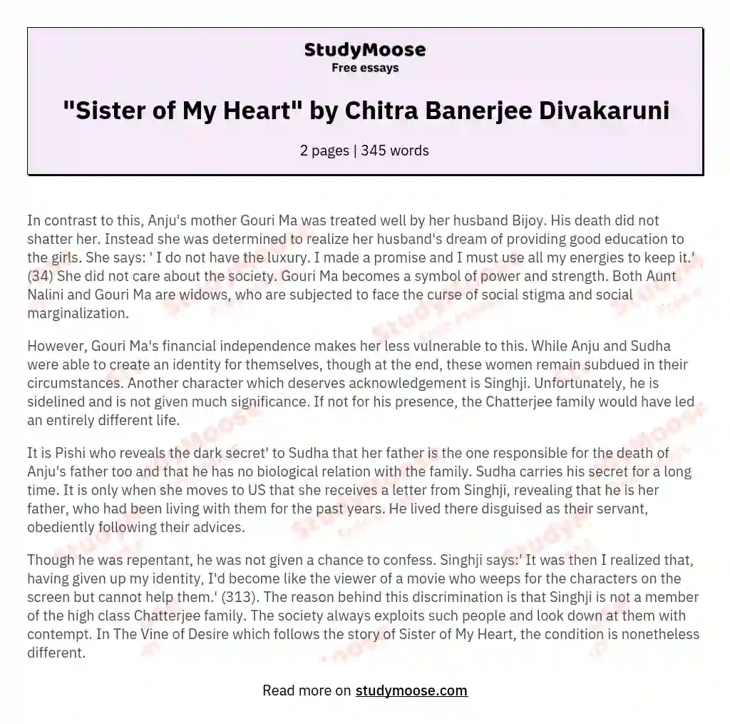 "Sister of My Heart" by Chitra Banerjee Divakaruni essay